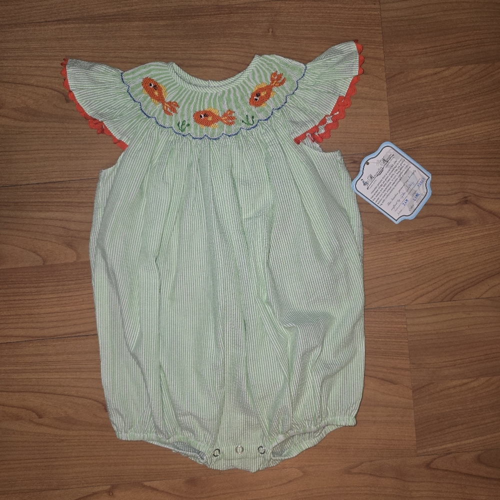 Handmade Green Striped Kids Top with Fish Embroidery 24 Months